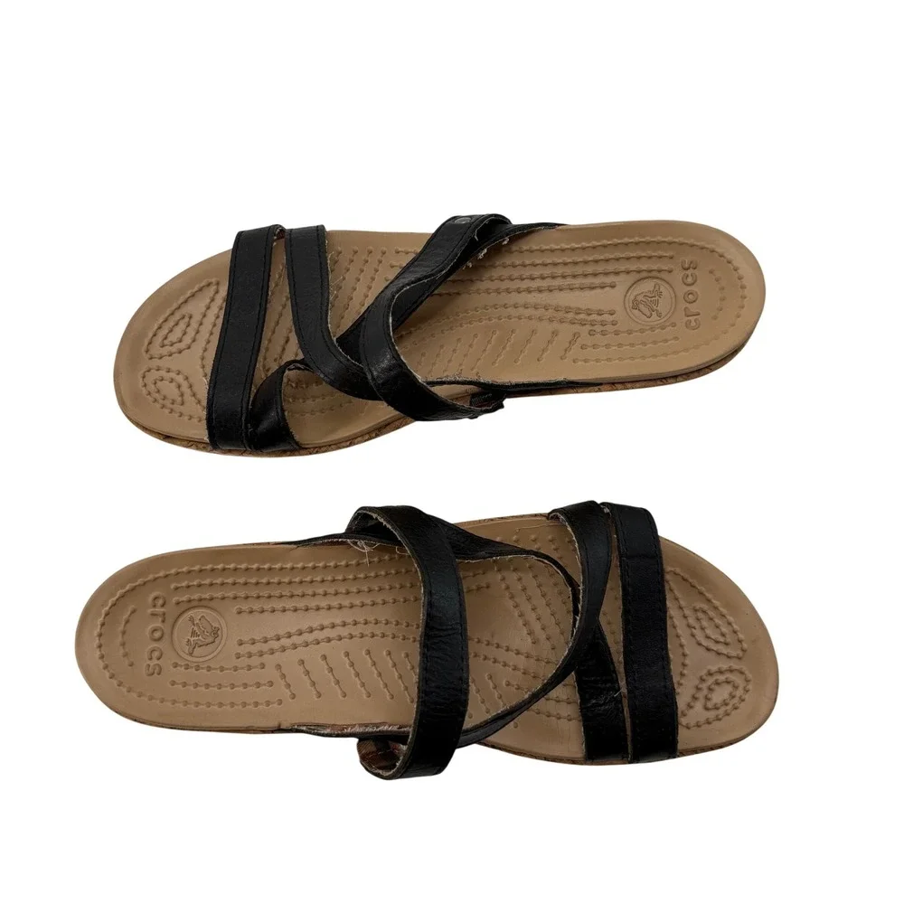 Crocs A-Leigh Leather Strappy Wedge Sandals Black Cork Heel Womens 9